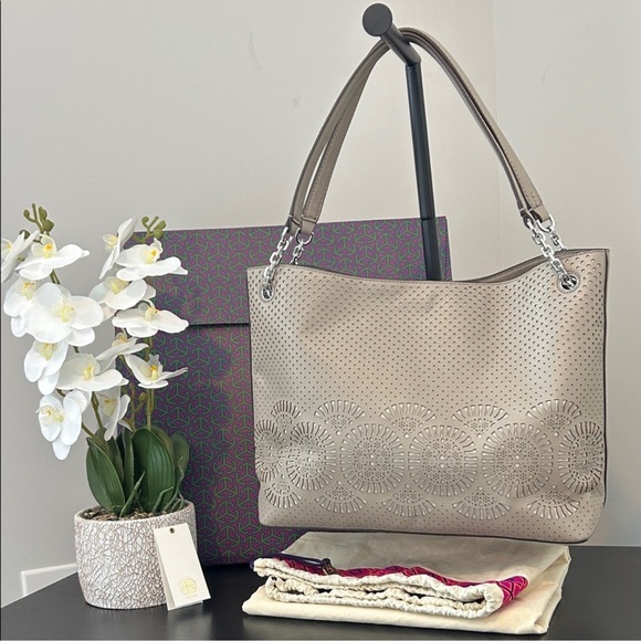 Tory Burch Handbags - Tory Burch Taupe Perforated Shoulder Bag